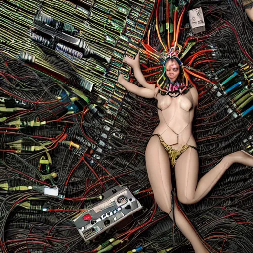 Prompt: piles of modular synth cables mixed with mangrove roots mixed with old video game consoles, puerto rican grafitti goddess chilling out wearing a headpiece made of circuit boards, by cameron gray, wlop, stanley kubrick, masamune, unique perspective, epic, trending on artstation, photorealistic, 3 d render, vivid