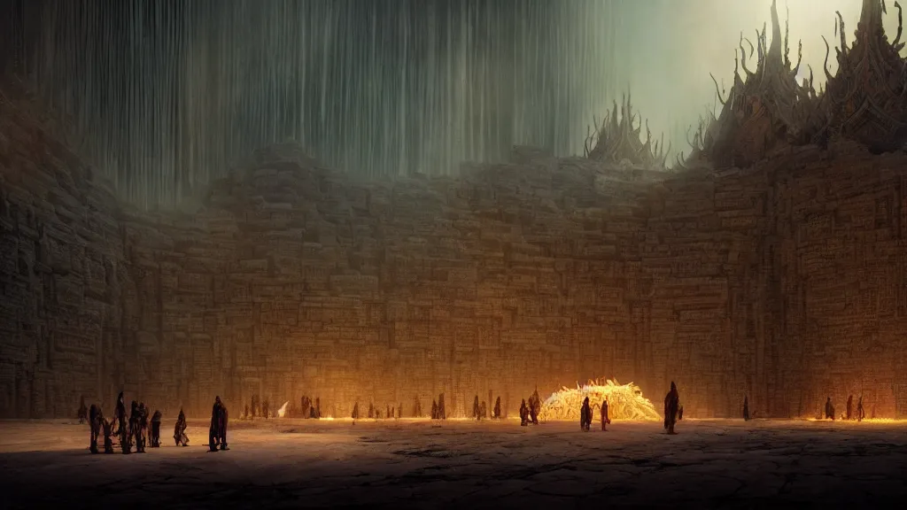 Prompt: strange creatures guard a glowing temple, film still from the movie directed by Denis Villeneuve with art direction by Marc Simonetti, wide lens