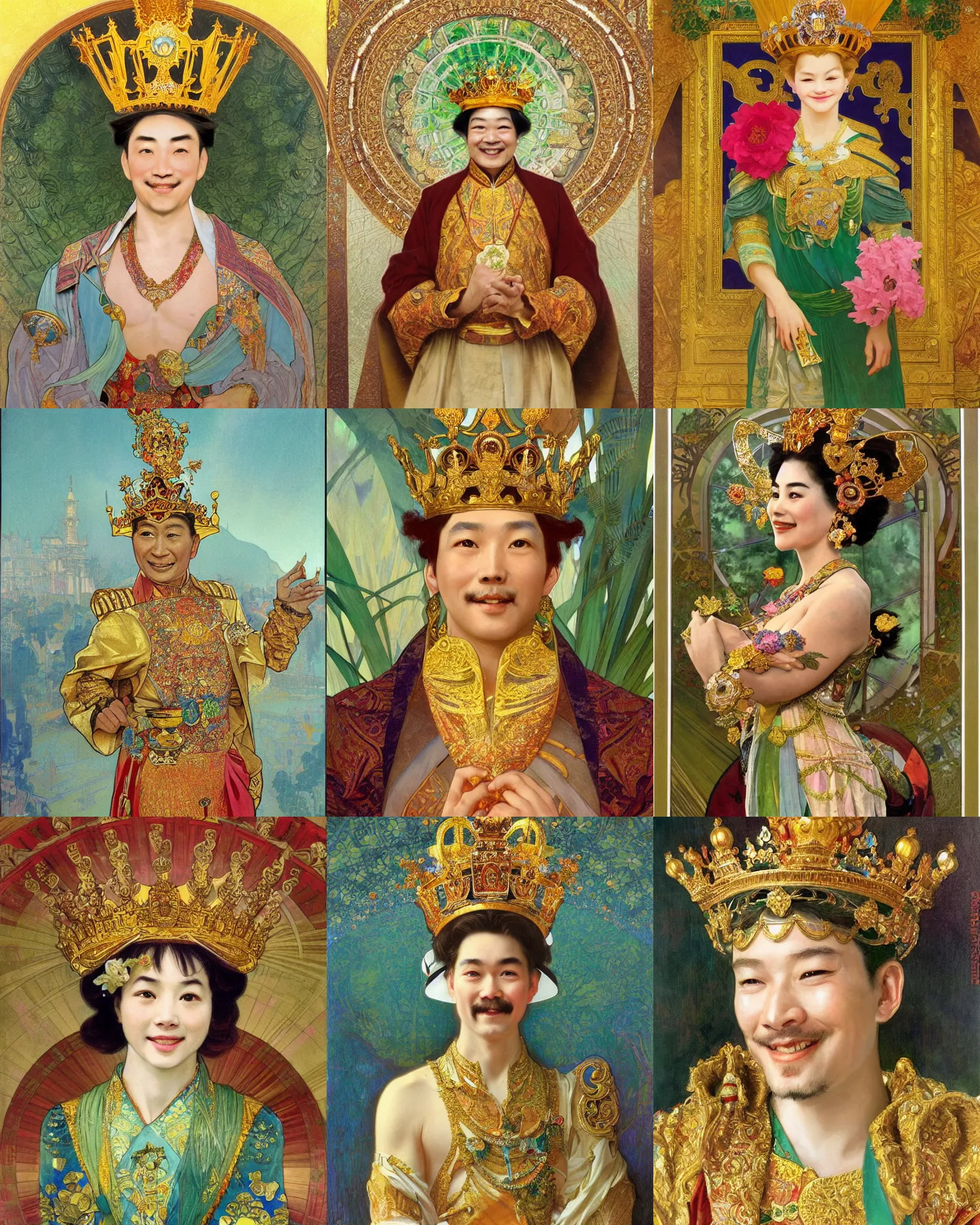 Prompt: portrait of a smiling emperor, he wears a crown of gold and jade, he resides in a glittering palace, flowers, painting by stanley artgerm lau and by alphonse mucha