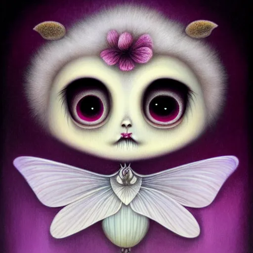 Prompt: beautiful portrait of a fluffy moth in the style of Mark Ryden, detailed, trending on Artstation