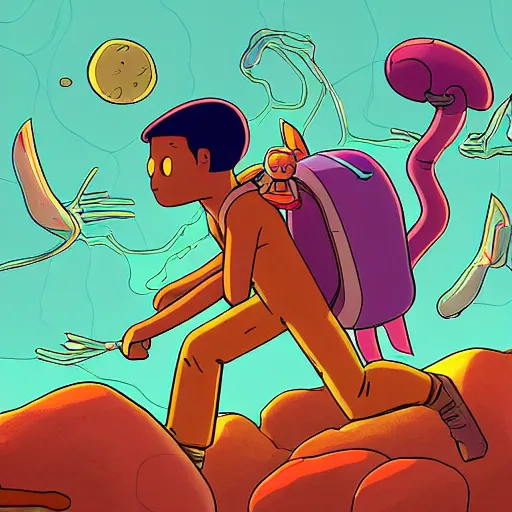 Prompt: in the style of Moebius and Ghostshrimp a young mixed race male explorer, highly detailed, adventure time colour palette