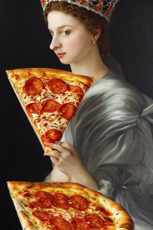 Image similar to a highly detailed queen margherita ( savoy ) eating a pizza! margherita, full body, detailed painting by arturo faldi, trending on deviantart, octane, masterpiece