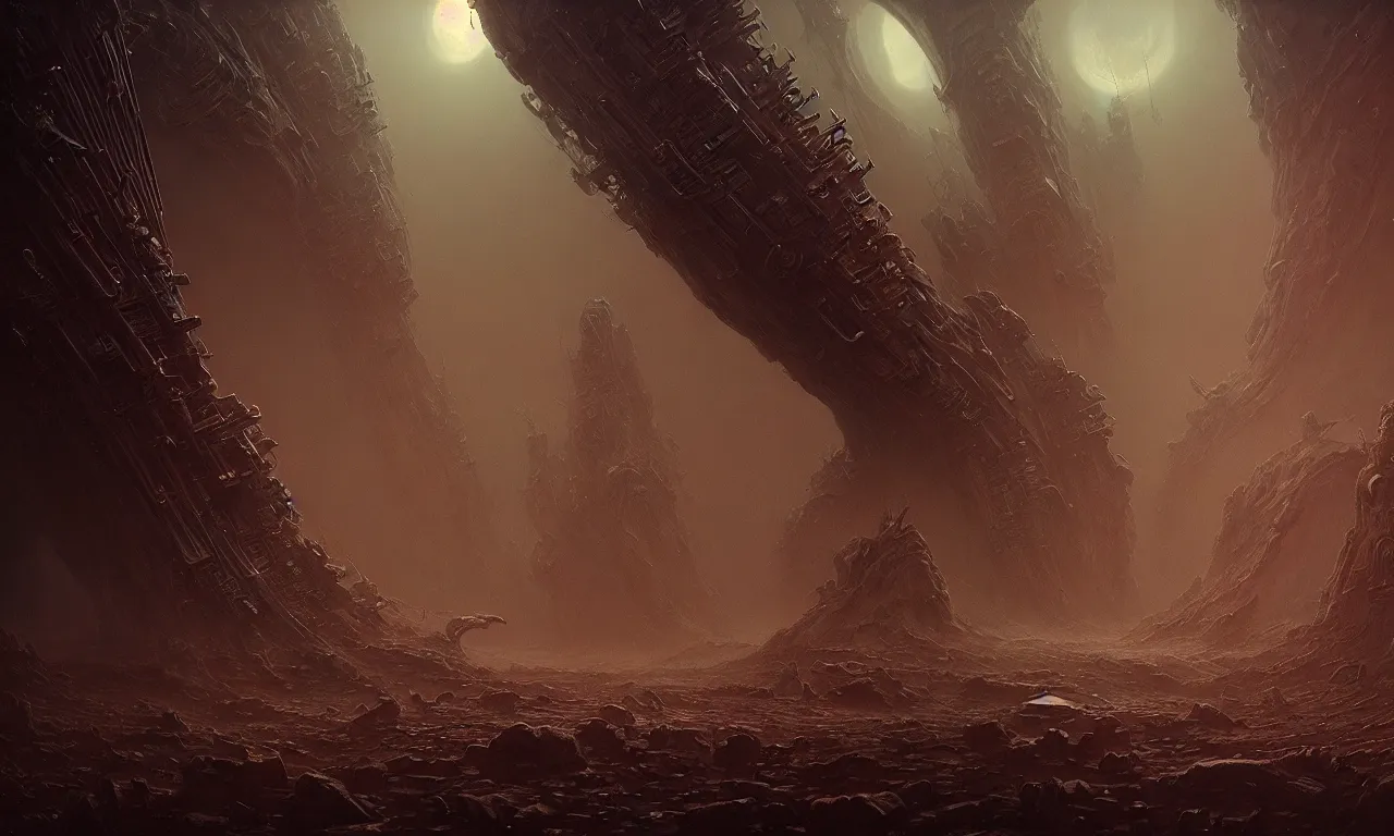 Image similar to Sci-fi environment set in a nightmarish universe of odd forms and somber tapestry, HR Giger, Wadim Kashin, in Zdzisław Beksiński color scheme, featured in artstation, octane render, cinematic, elegant, intricate, 8k