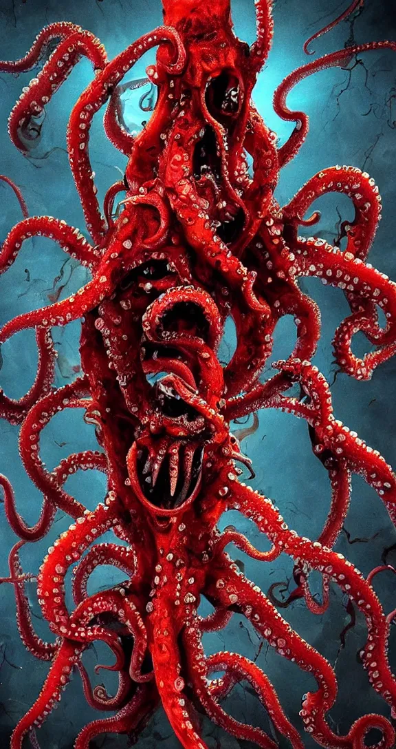 Prompt: very terrifying cenobite cephalopod squid octopus demon splattered with blood, full body portrait showing entire scary monster, brown bristle hair, neo-expressionistic, maximalist, horror monster masterpiece, trending on DeviantArt, 4K resolution, dark cinematic, hyperrealism, octane render, volumetric lighting, ultra-detailed, chiaroscuro, dark blue ocean background, deep underwater, in the style of Giger and Ralph Steadman and Da Vinci,