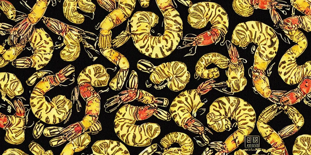 Prompt: versace gucci textile print design detailed intricate gold black tiger shrimp digital file high resolution