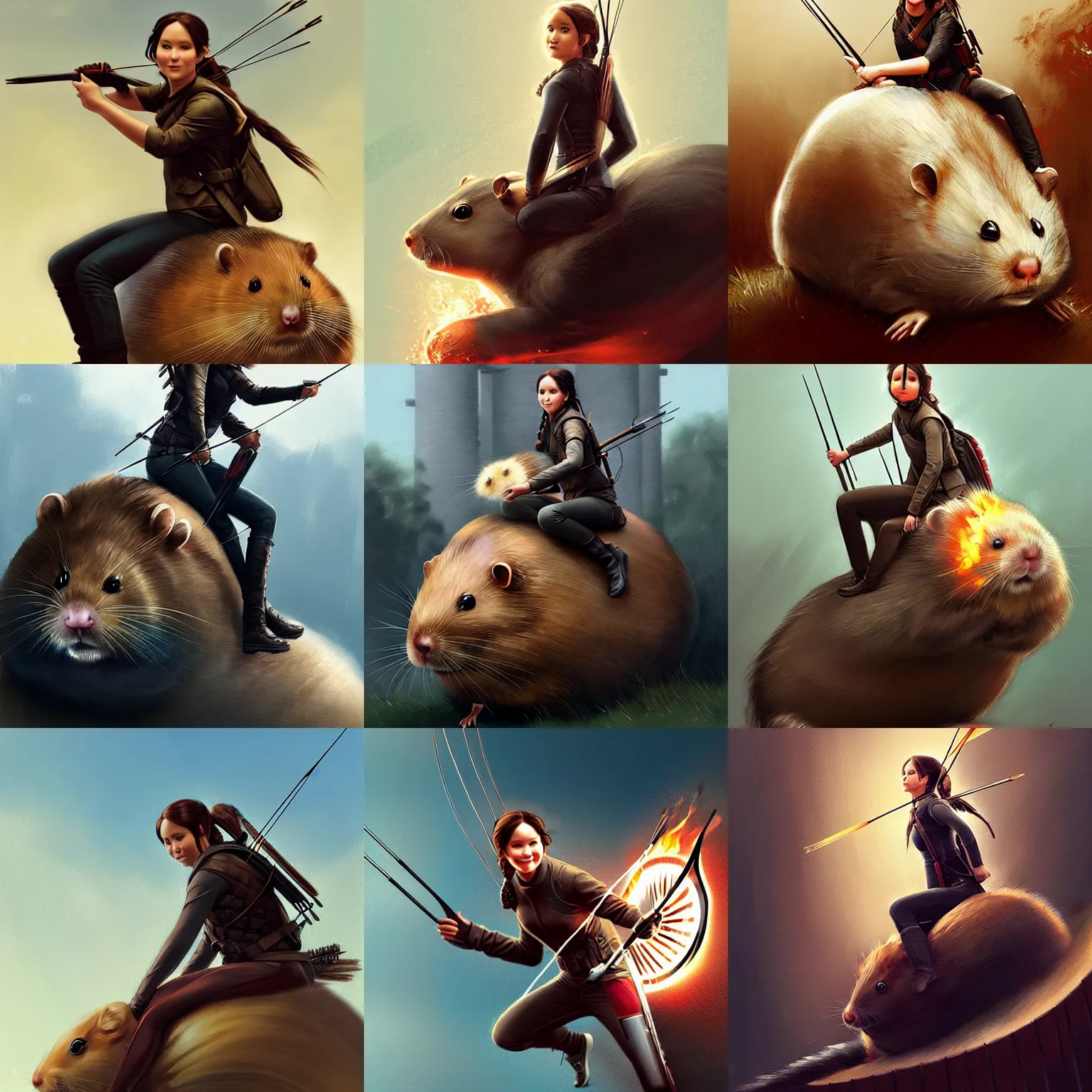 Prompt: katniss everdeen sitting on the back of a giant hamster, digital art by greg rutkowski