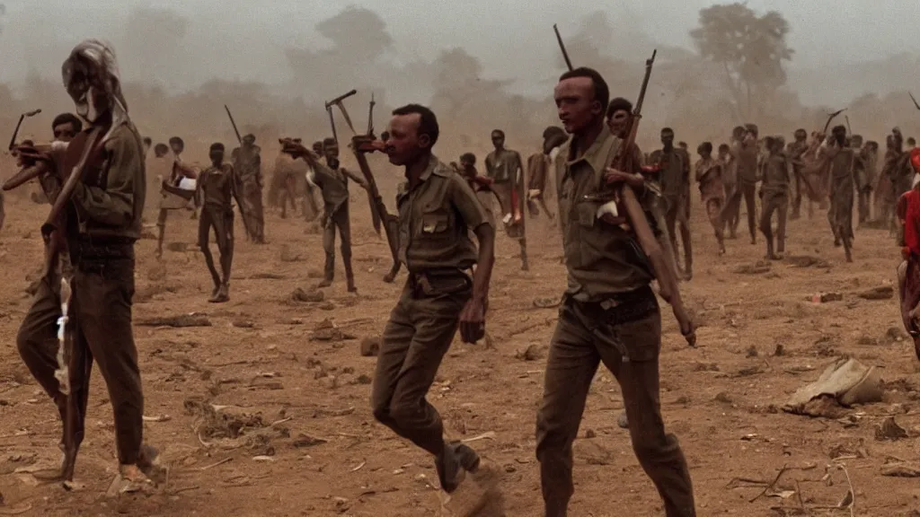 Prompt: 1984 Ethiopian civil war and Red Terror, moody, dark, movie scene, hd, 4k, wide shot