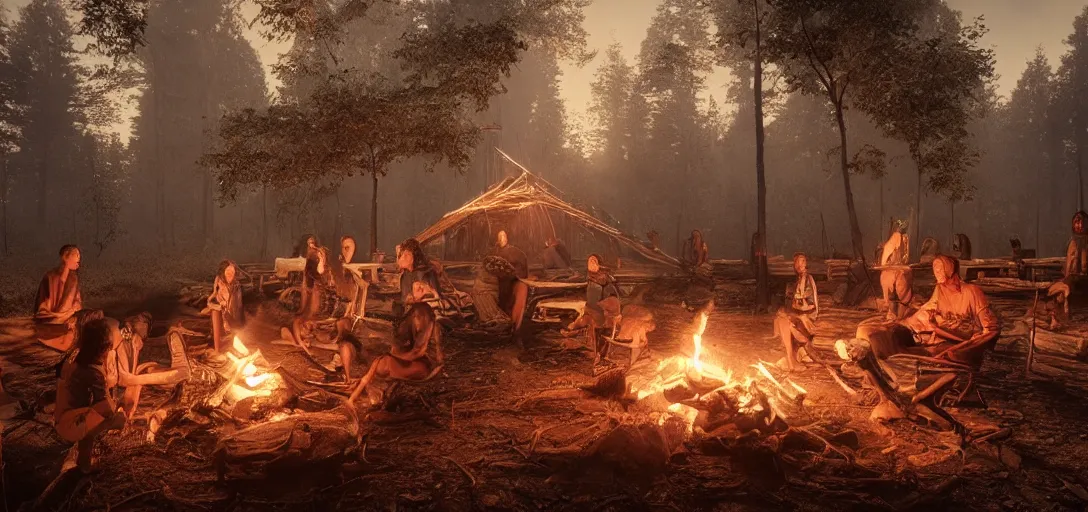 Image similar to longhouse, campfire, teepee, very detailed, octane render, realistic, 8 k, unreal engine 5, dramatic, volumetric, dead trees, dusk, greg rutkowski