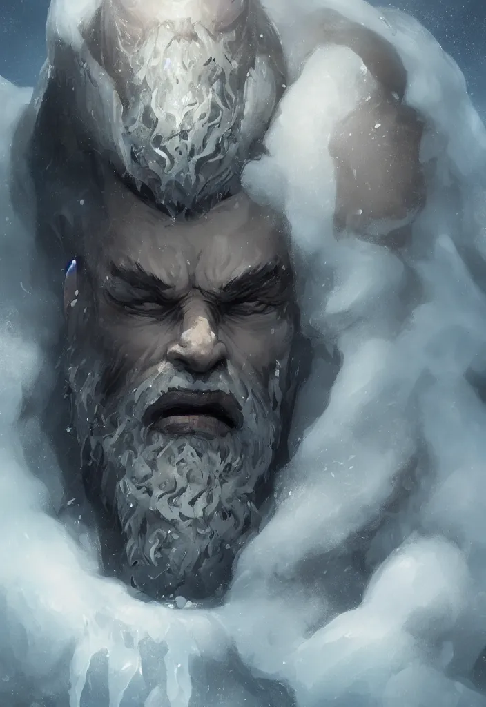 Image similar to portrait of ice giant made of ice, bearded face, concept art in style of Greg Rutkowski, John Singer Sargant, painted by Frazetta, trending on artstation