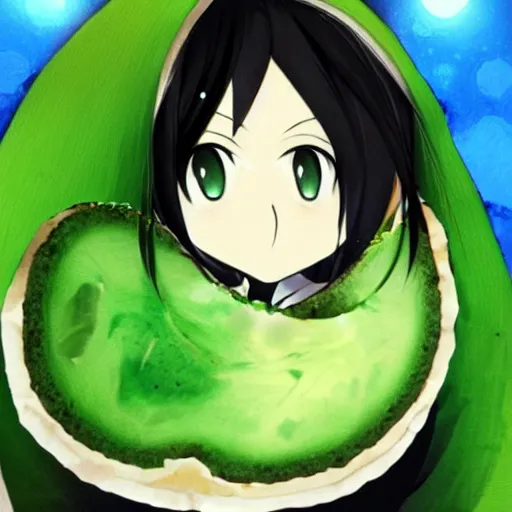 Prompt: tomoko kuroki dressed as an avocado anime art