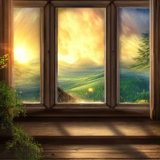 Image similar to heaven view from the interior of my cozy house from a cozy window frame fantasy pixiv scenery art inspired by magical fantasy