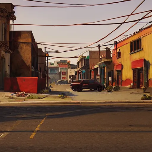 Image similar to highly detailed red oil - on its side in gta v, in a empty town in mexico, stephen bliss, unreal engine, fantasy art by greg rutkowski, loish, rhads, ferdinand knab, makoto shinkai and lois van baarle, ilya kuvshinov, rossdraws, tom bagshaw, global illumination, detailed and intricate environment