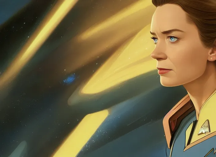 Image similar to a disney film still of emily blunt as a star trek officer, finely detailed features, closeup of the face, perfect art, dusk, blue hour, gapmoe yandere grimdark, trending on pixiv fanbox, painted by greg rutkowski, makoto shinkai, takashi takeuchi, alphonse mucha, akihiko yoshida