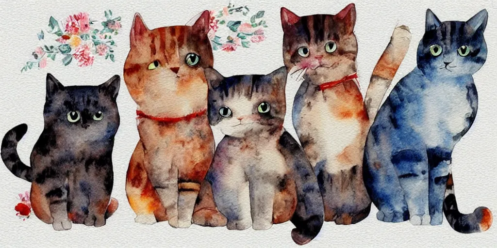 Image similar to watercolor illustration style, cute! cats!!! watch news