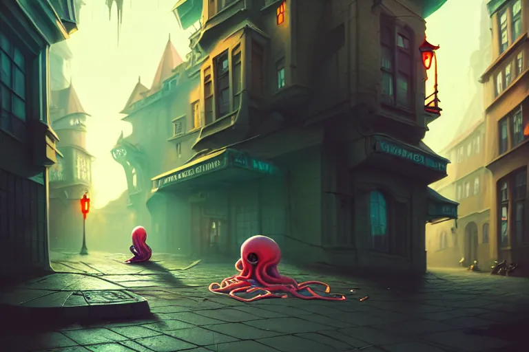 Image similar to the street in front of the castle surrounded by tentacles, a body in a hoodie lies on the street, an empty flask lies nearby, tentacles burst out of the body, peter mohrbacher style, ray tracing, octane render, cinematic, digital art, realistic, high quality, 8 k