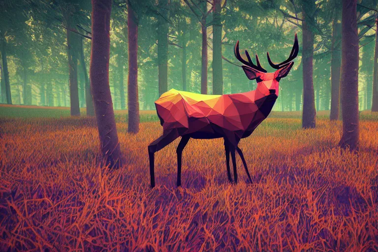 Image similar to lowpoly art of red deer in an undergrowth, unreal engine, retrowave color palette, 3 d render, lowpoly, colorful, digital art, perspective