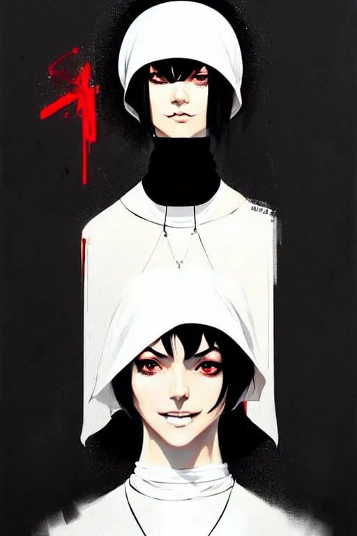 Image similar to a ultradetailed beautiful painting of a stylish nun, she has short black hair with bangs, by conrad roset, greg rutkowski and makoto shinkai trending on artstation