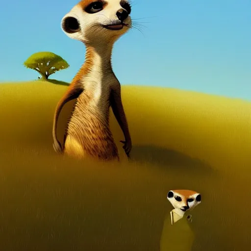 Prompt: goro fujita ilustration a meerkat in profile looking over the meadow, on a sunny day by goro fujita, painting by goro fujita, sharp focus, highly detailed, artstation