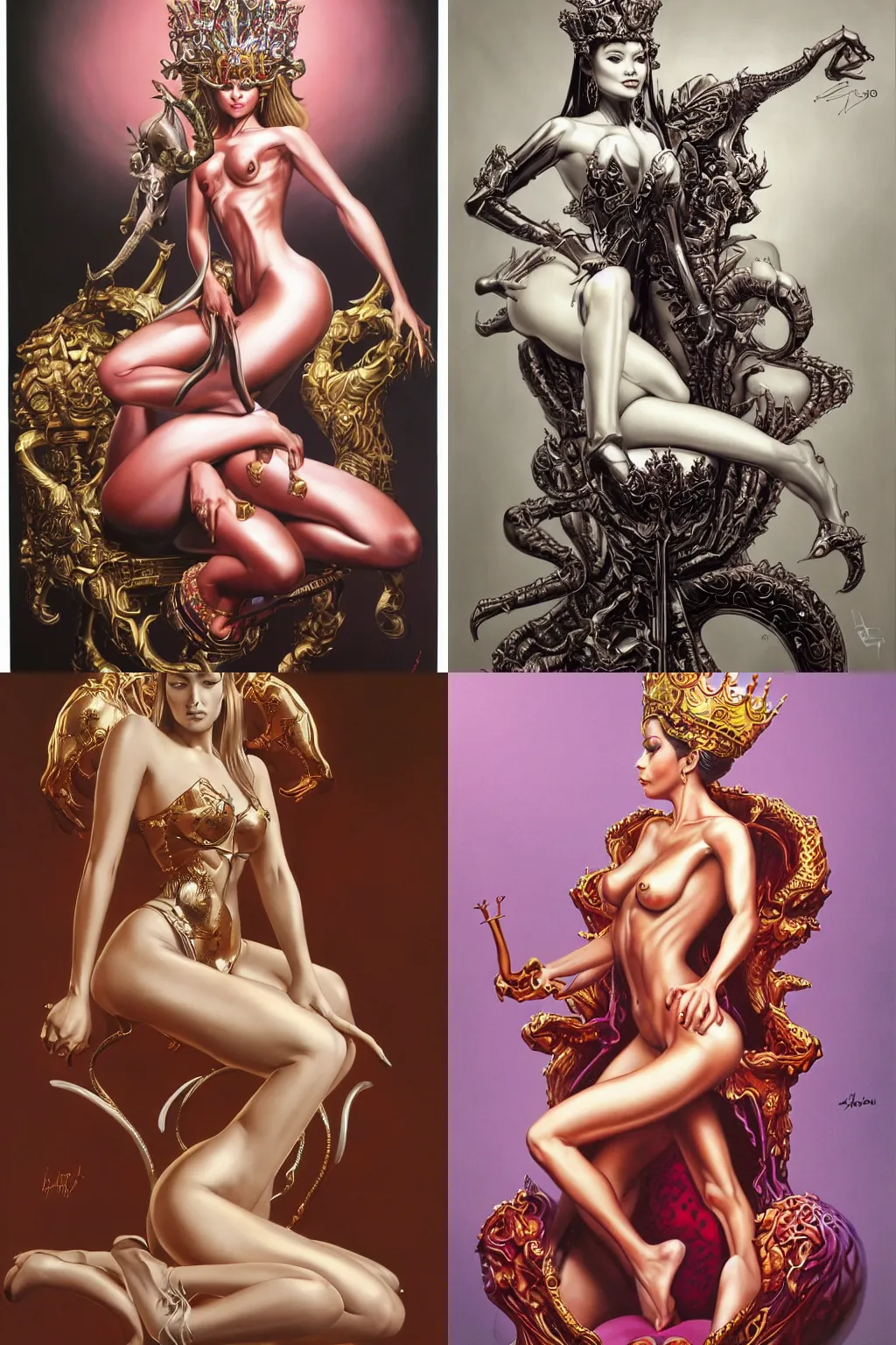 Prompt: an amazing airbrush painting of a beautiful queen with nice forms, seated legs spread over a crafted throne in a fantasy scenery, by hajime sorayama, boris vallejo and nobuyoshi araki, photorealistic, sensual, trending on artstation,