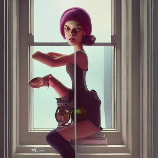 Image similar to Lofi portrait at a window, Pixar style by Stanley Artgerm and Tom Bagshaw and Tristan_Eaton and Tim Burton