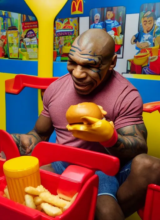 Prompt: Mike Tyson eating a happy meal in the McDonalds play place, photograph, high quality, detailed, sharp