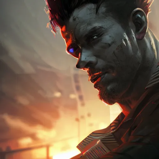 Image similar to cyberpunk, closeup portrait of a washed up cyberpunk hacker, dramatic light, city background, sunset, dystopian setting, high contrast, sharp, neuromancer, henry dorsett case, painted by stanley lau, painted by greg rutkowski, painted by stanley artgerm, digital art, trending on artstation