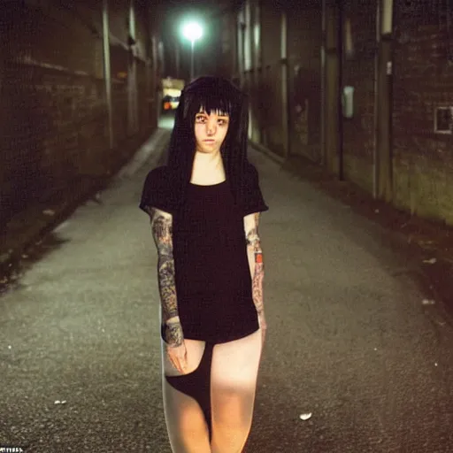 Prompt: A 2006 photograph of a pale emo girl with black hair on a British council estate at night, with orange street lights