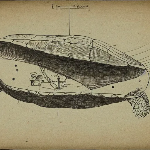 Prompt: a turtle airship, mechanical diagram, drawing from the notebooks of da vinci