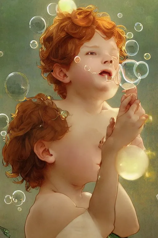 Prompt: a little boy with very short ginger hair chasing bubbles. clean elegant simple illustration, beautiful detailed face. by artgerm and greg rutkowski and alphonse mucha