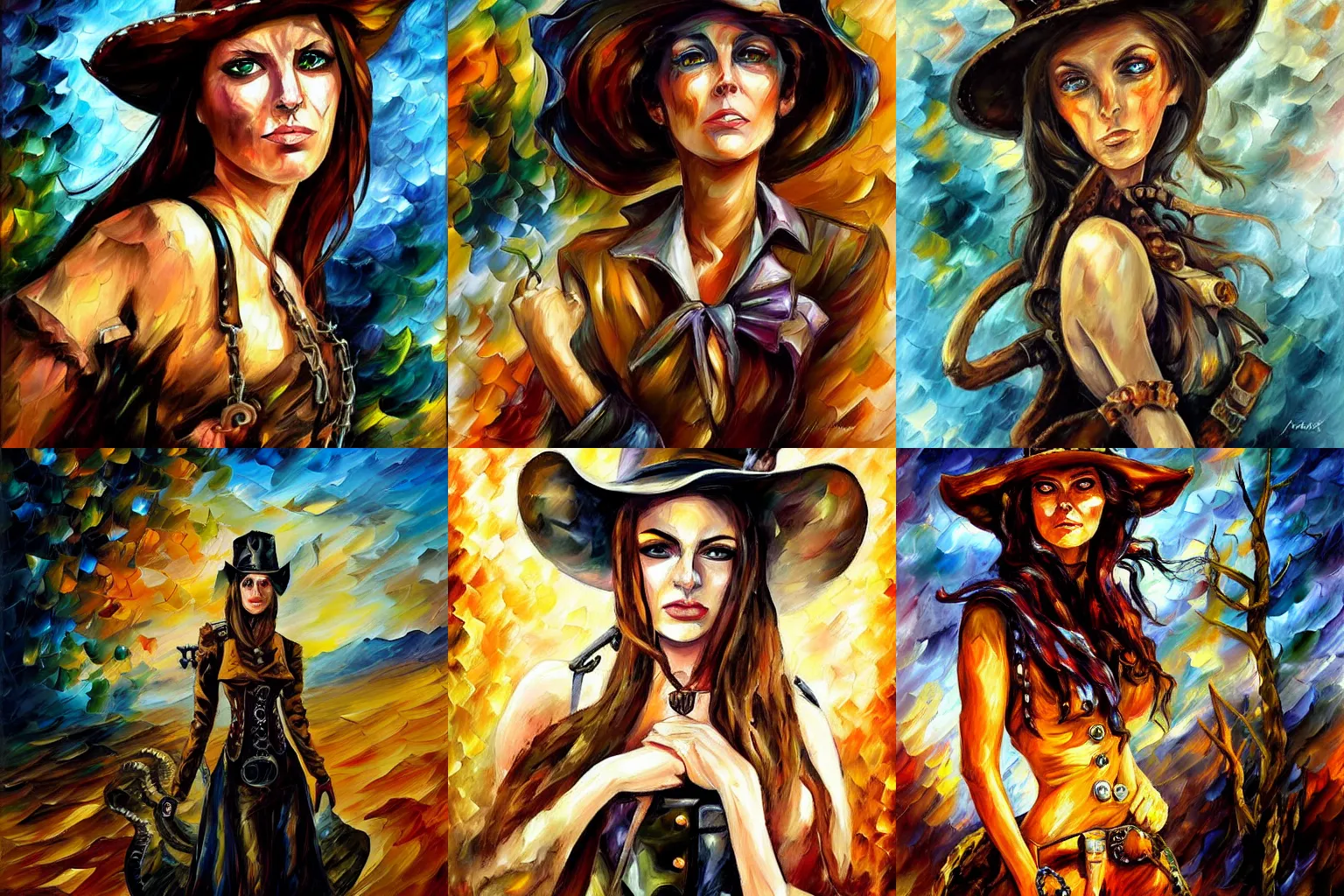 Prompt: portrait of a corrupted eldritch cowgirl in a scenic environment by leonid afremov, steampunk, lovecraftian, oldwest, beast, corruption, eyes