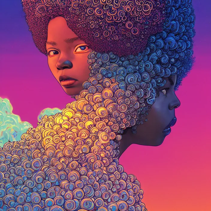 Prompt: ultra detailed illustration of a angry afro american girl covered in a sea of liquid chrome, metal material, lost in a dreamy orental realm by Victo Ngai, Andrew Thomas Huang, Ohrai Noriyoshi,, colorful, front view, synthwave, 8k, coherent, artgerm, uplifting, magical composition, artstation