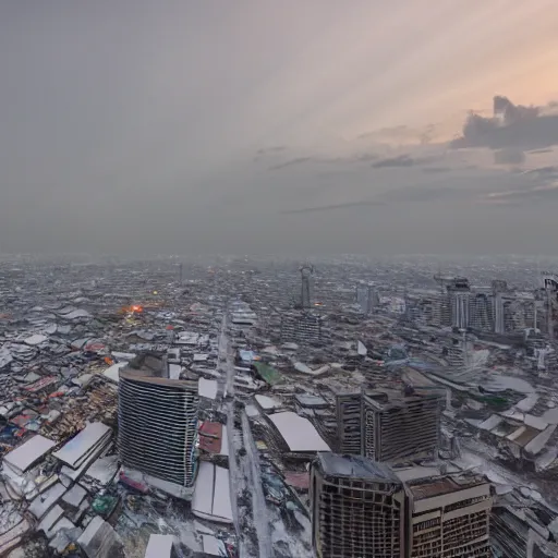 Image similar to Bangkok covered in snow and ice, volumetric lighting, light rays, photorealistic, ultrarealistic, coronarender, 8k