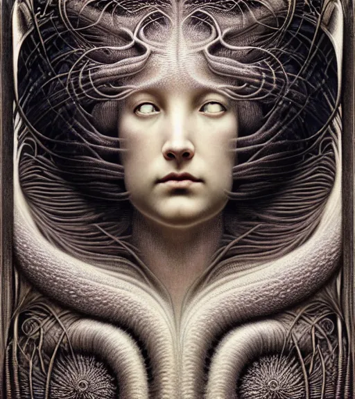 Image similar to detailed realistic beautiful storm goddess face portrait by jean delville, gustave dore, iris van herpen and marco mazzoni, art forms of nature by ernst haeckel, art nouveau, symbolist, visionary, gothic, neo - gothic, pre - raphaelite, fractal lace, intricate alien botanicals, ai biodiversity, surreality, hyperdetailed ultrasharp octane render