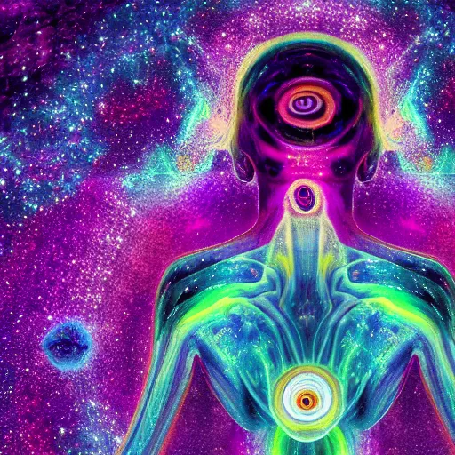 Image similar to psychadelic depiction of a person's soul ascending into the cosmos, 4k