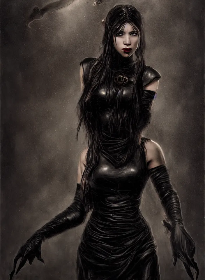 Prompt: a half portrait of a young female vampire sorceress wearing a black leather dress from skyrim, fantasy setting, beautiful face, dark colors, scary lighting, atmospheric, cinematic, moody, in the style of diego koi, gina heyer, luiz escanuela, art by alyssa monk, hyperrealism, rule of thirds, golden ratio, oil on canvas, 8 k