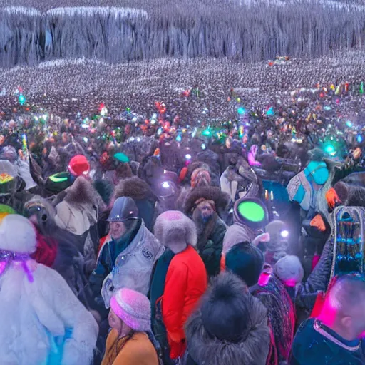 Image similar to Chukchee crowded rave in tundra, hyperrealistic photo