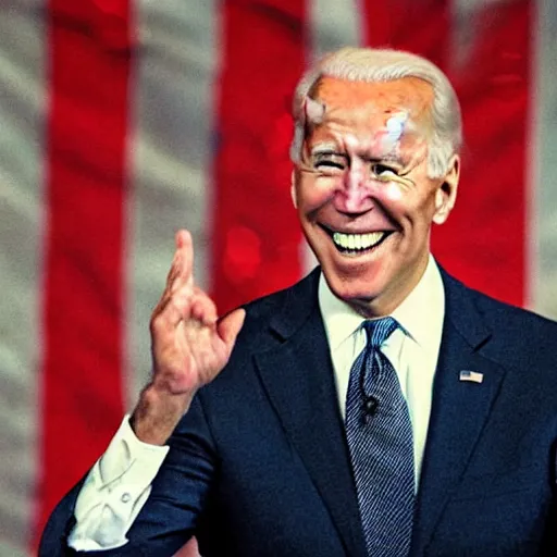 Image similar to archival photograph of joe biden standing over destruction and laughing with his hands in the air