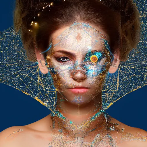 Prompt: portrait of a beautiful futuristic woman layered with high-tech jewelry wrapping around her face and head, golden-silver light with tiny blue, gold, and red gems scattered like dust, white lace background