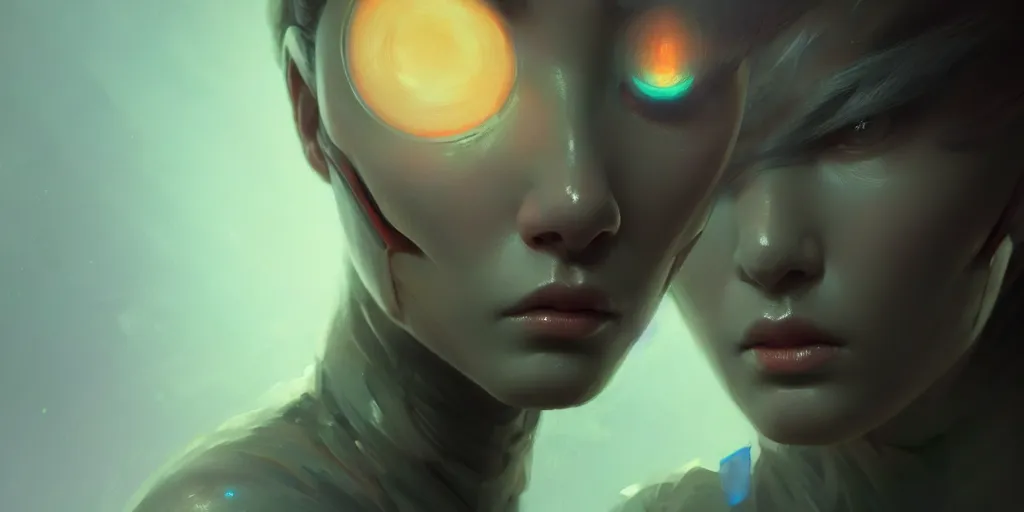 Image similar to the close up face portrait of a humanoid android looking to the camera terriefied, extremely detailed digital painting, in the style of fenghua zhong and ruan jia and jeremy lipking and peter mohrbacher, mystical colors, rim light, beautiful lighting, 8 k, stunning scene, raytracing, octane, trending on artstation