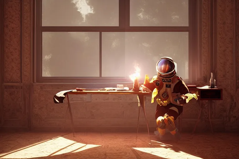 Image similar to a single cosmonaut in a spacesuit drinks a steaming cup of tea at an old wooden desk in a richly decorated Victorian house. the autumn light comes in through a window and dimly illuminates the room, diffuse light, octane render