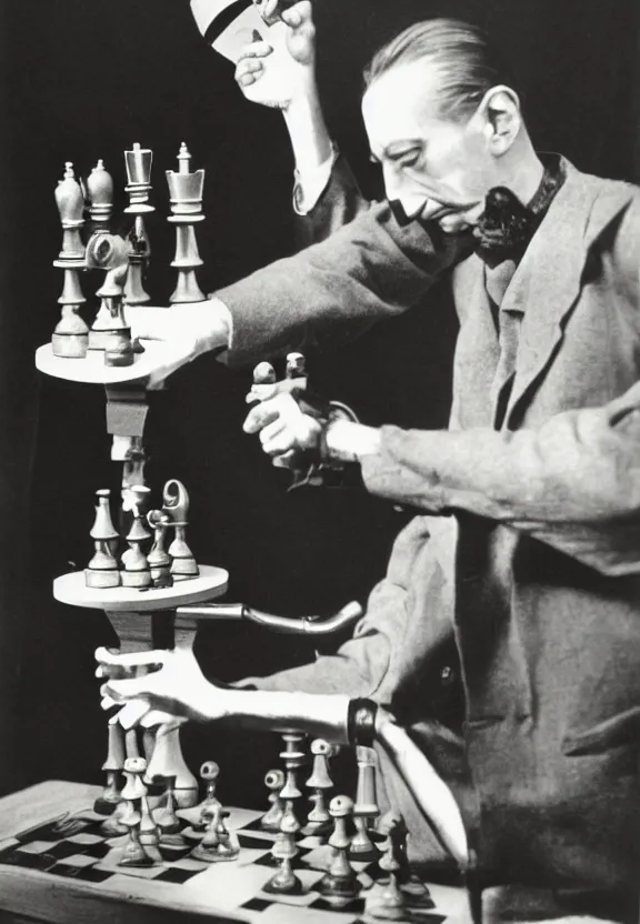 Image similar to marcel duchamp holding up a chess - piece wire - machine, a surrealist painting by marcel duchamp, complex artificial - intelligence machinery, flickr contest winner, studio portrait, 1 9 2 0 s