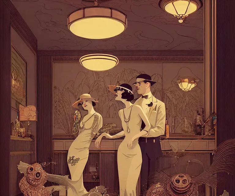 Prompt: a beautiful classy partying couple, dimly lit upscale 1920s speakeasy, relaxed pose, art deco, detailed painterly digital art style by Geof Darrow, retro vibe, 🍸, 8k octane beautifully detailed render, post-processing, extremely hyperdetailed, intricate, epic composition, grim yet sparkling atmosphere, cinematic lighting + masterpiece, trending on artstation, very detailed, vibrant colors, Art Nouveau, masterpiece, romanticism