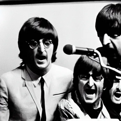 Image similar to the beatles playing death metal music with john lennon screaming into the microphone on stage