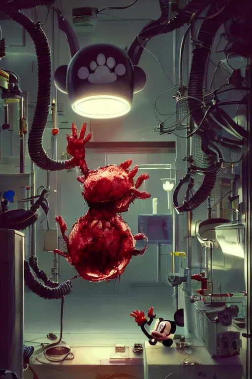 Image similar to mechanics scientist in lab facility looking at bloody mickey mouse head lifted by claw,, made by beeple, cgsociety, artgerm, greg rutkowski, highly detailed intricate 4 k art, low light cinematic, octane render, unreal engine, smooth concept art