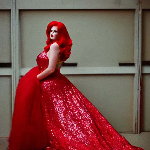 Prompt: film portrait photography of nora o'donnell as jessica rabbit, head and shoulders photography. red sequin ballgown dress. kodak ektar 4 0 0. canon f 1. 2. detailed, heavy film grain