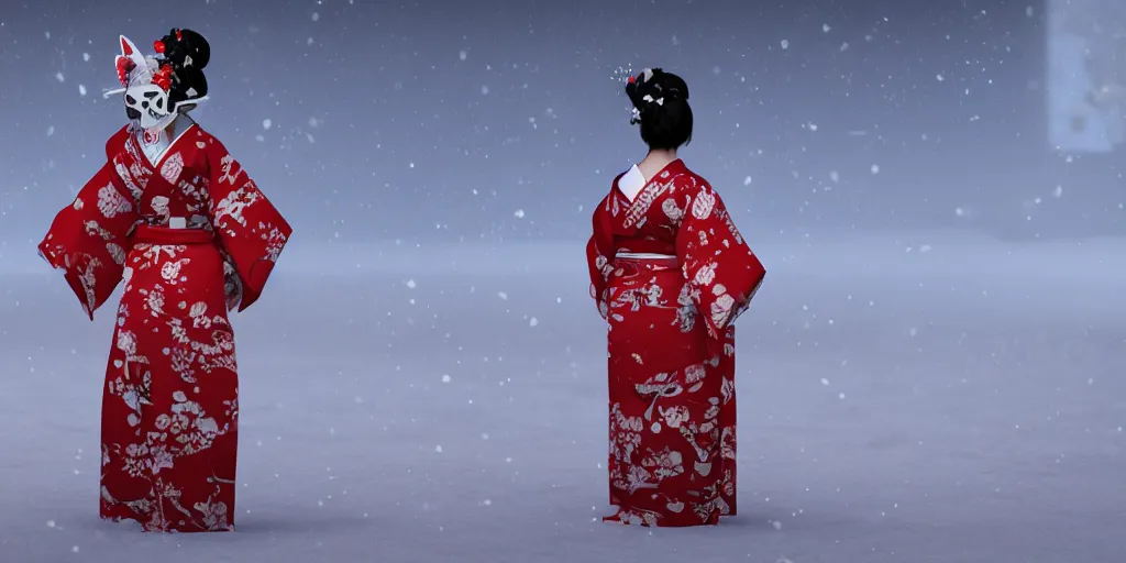 Prompt: a full body geisha with a cat skull head, wearing a red kimono, standing in the snow cinematic octane render 8 k trending on artstation