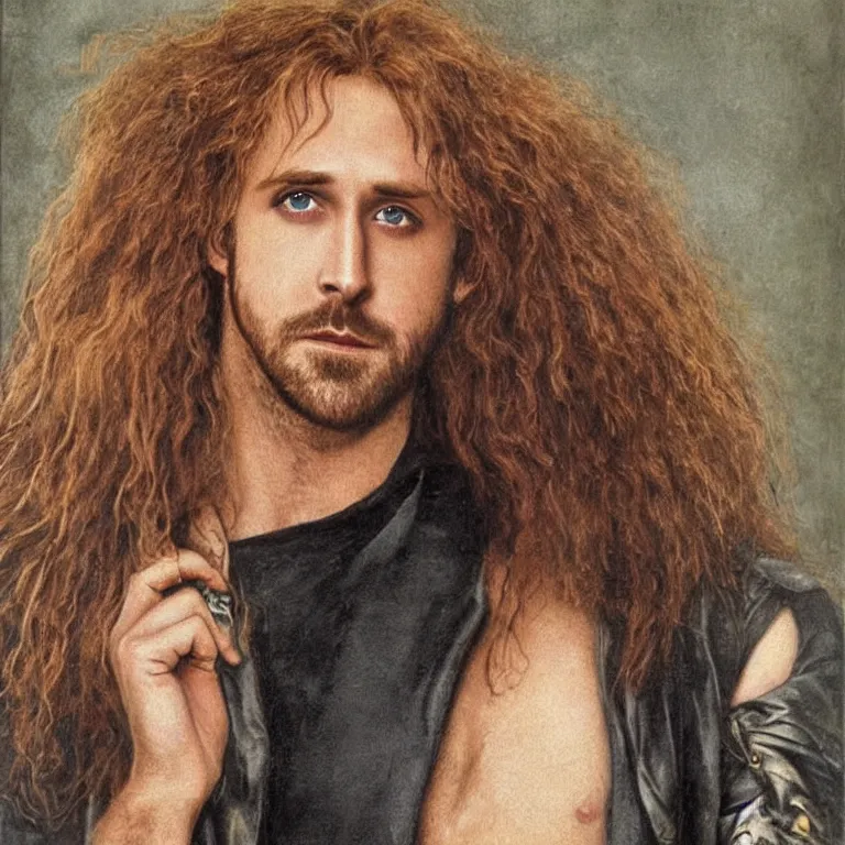 Prompt: Pre-Raphaelite portrait of actor, Ryan Gosling as the leader of a cult 1980s heavy metal band, with very long blond hair and grey eyes, high saturation