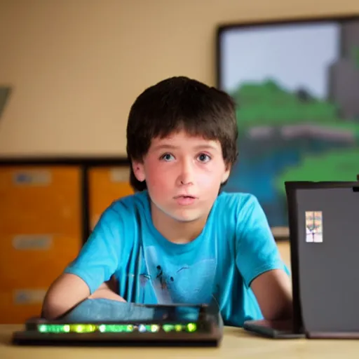 Image similar to a kid with eyes bulging staring at a bright computer screen at night playing minecraft