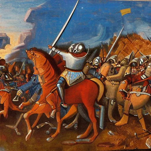 Image similar to wideshot of a medieval battle in front of a beautiful blue mountainscape, painting