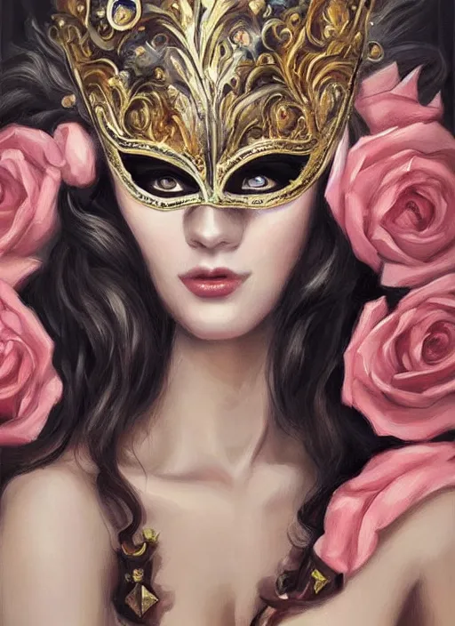 Prompt: a beautiful woman wearing an elaborate masquerade mask and ballgown, looking at the viewer with an alluring expression. painting by artgerm and magali villanueve